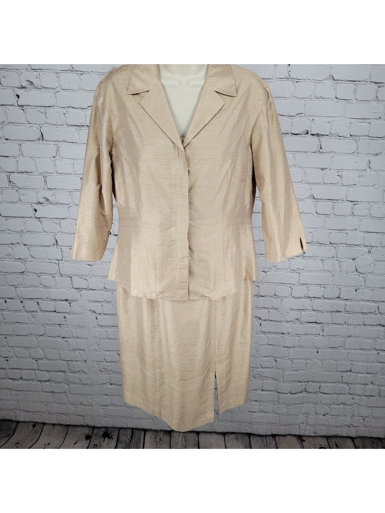 Finity Gold Beige 100% Silk Shirt Jacket & Dress Matching 2 Piece Set Size 8